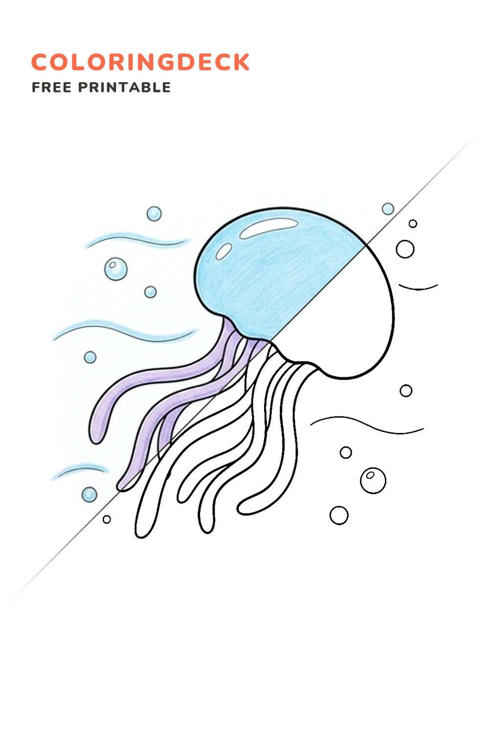 Jellyfish Ocean Drift coloring page, free printable: half colored, half outline