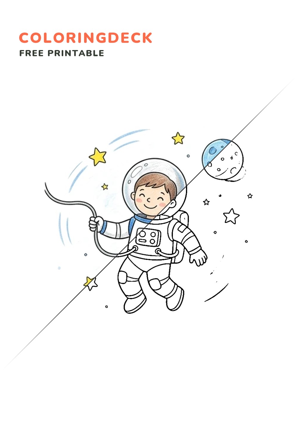 Floating Astronaut coloring page, free printable: half colored, half outline
