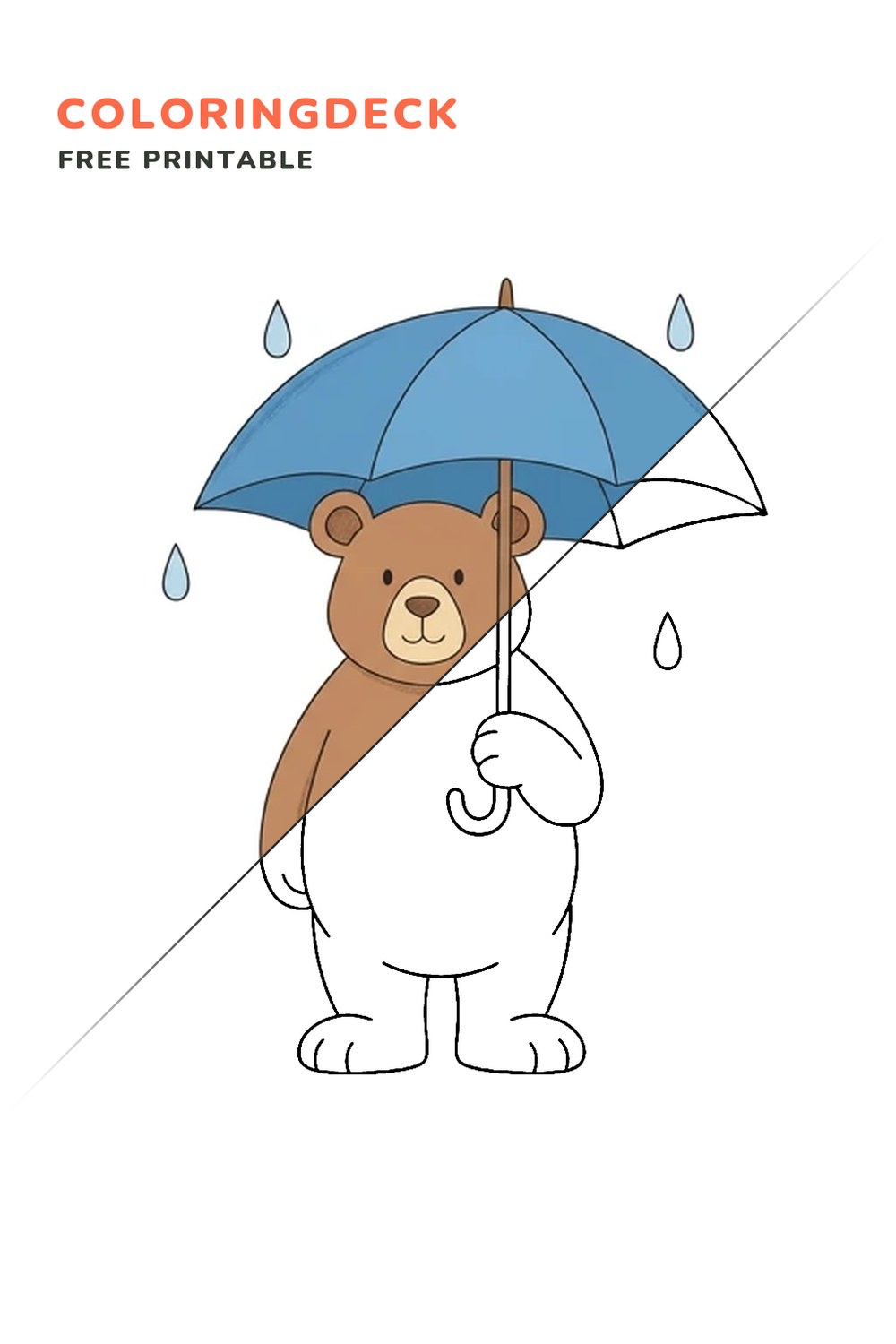 Bear With Umbrella coloring page, free printable: half colored, half outline