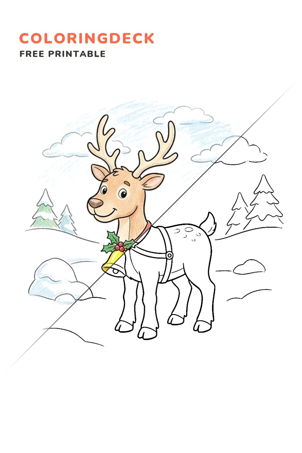 Reindeer Bell Stand coloring page, free printable: half colored, half outline