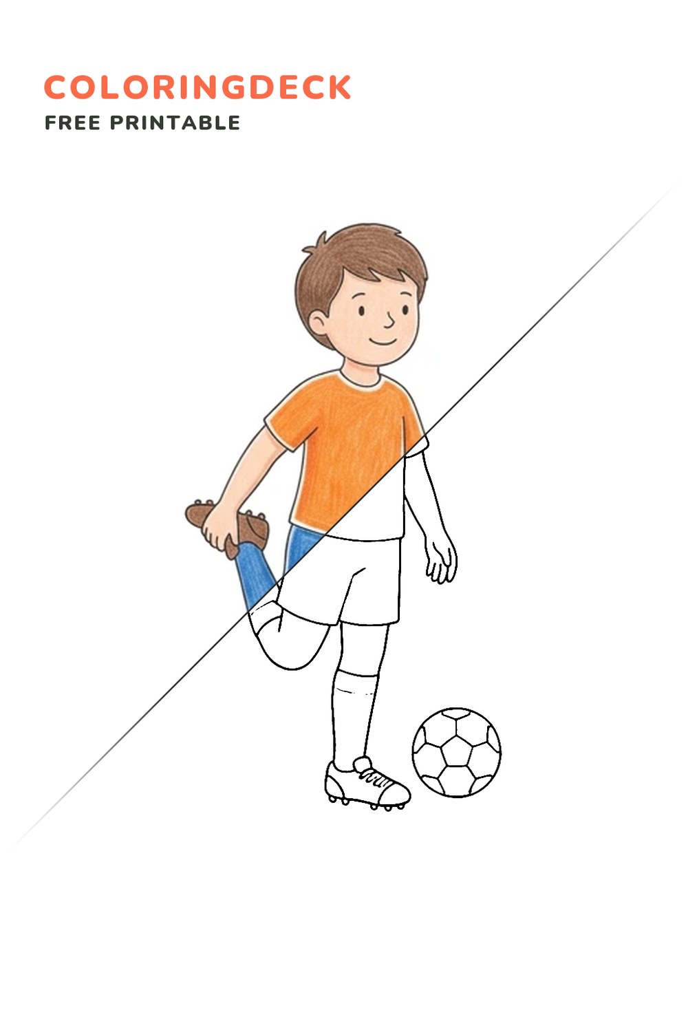 Soccer Warm Up coloring page, free printable: half colored, half outline