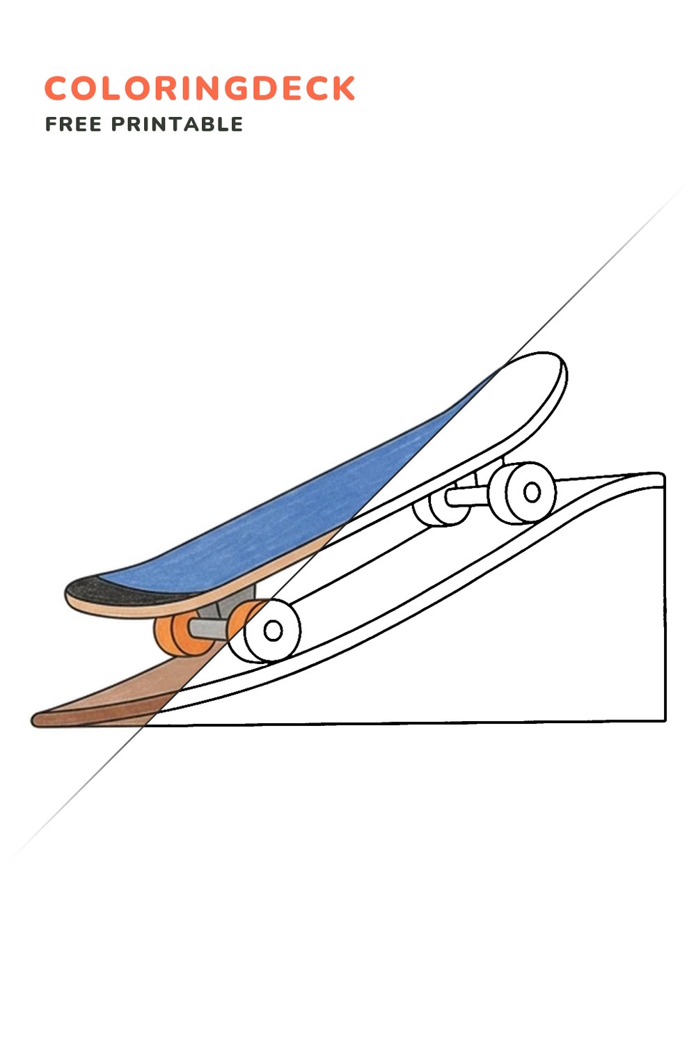 Skateboard On Ramp coloring page, free printable: half colored, half outline