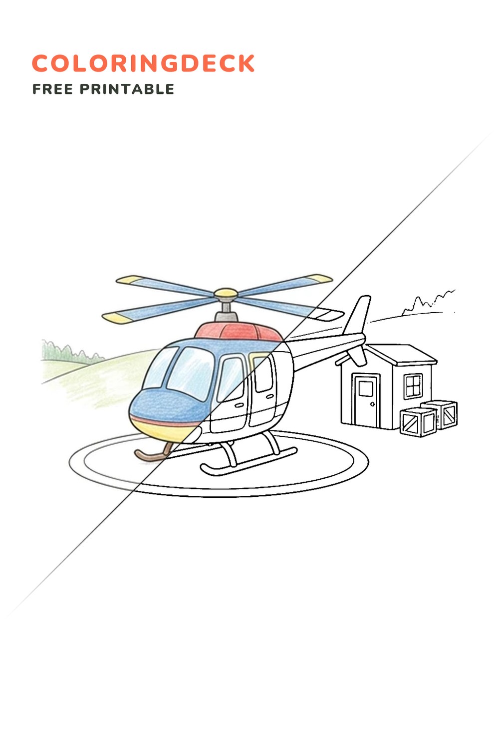Helicopter Rescue Station coloring page, free printable: half colored, half outline