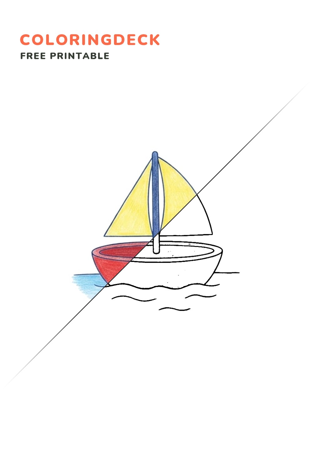 Toy Sailboat coloring page, free printable: half colored, half outline