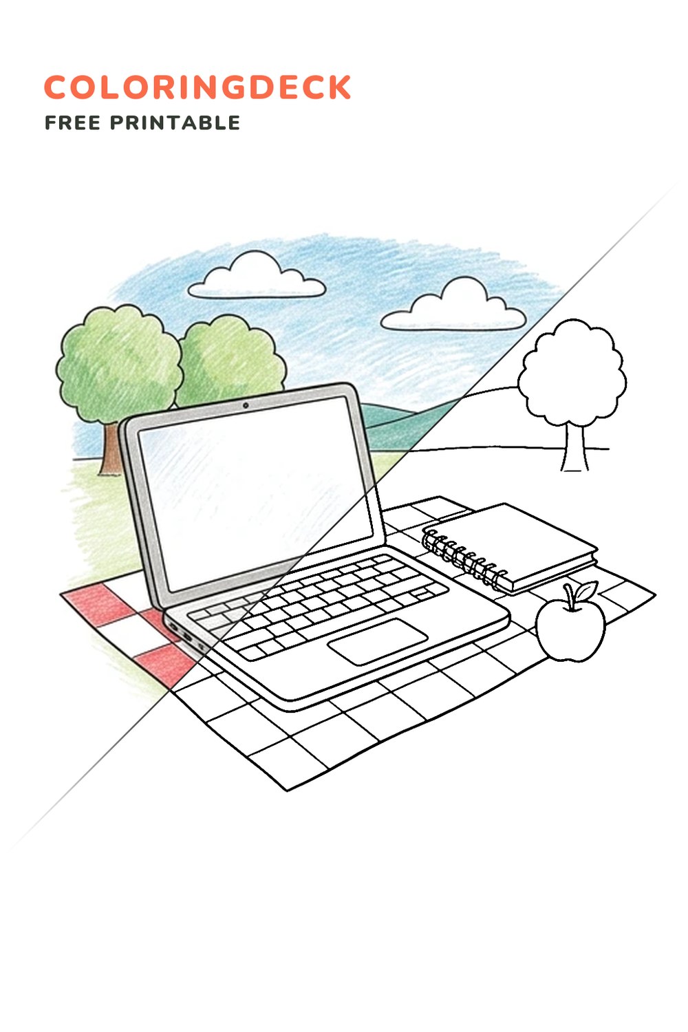 Laptop Picnic Blanket coloring page, free printable: half colored, half outline
