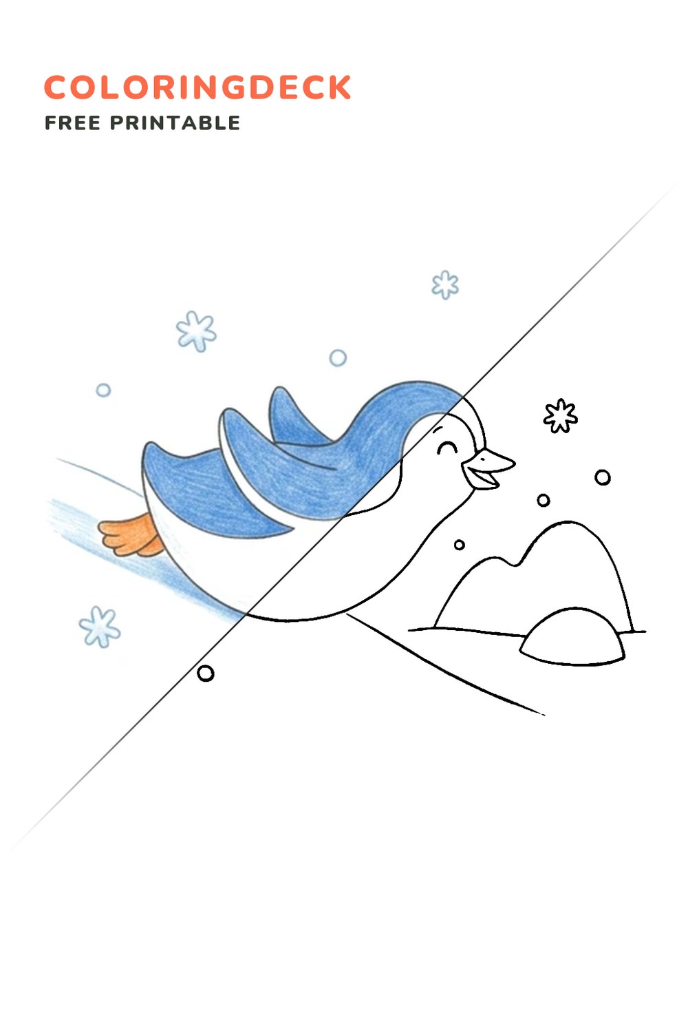 Penguin Ice Slide coloring page, free printable: half colored, half outline