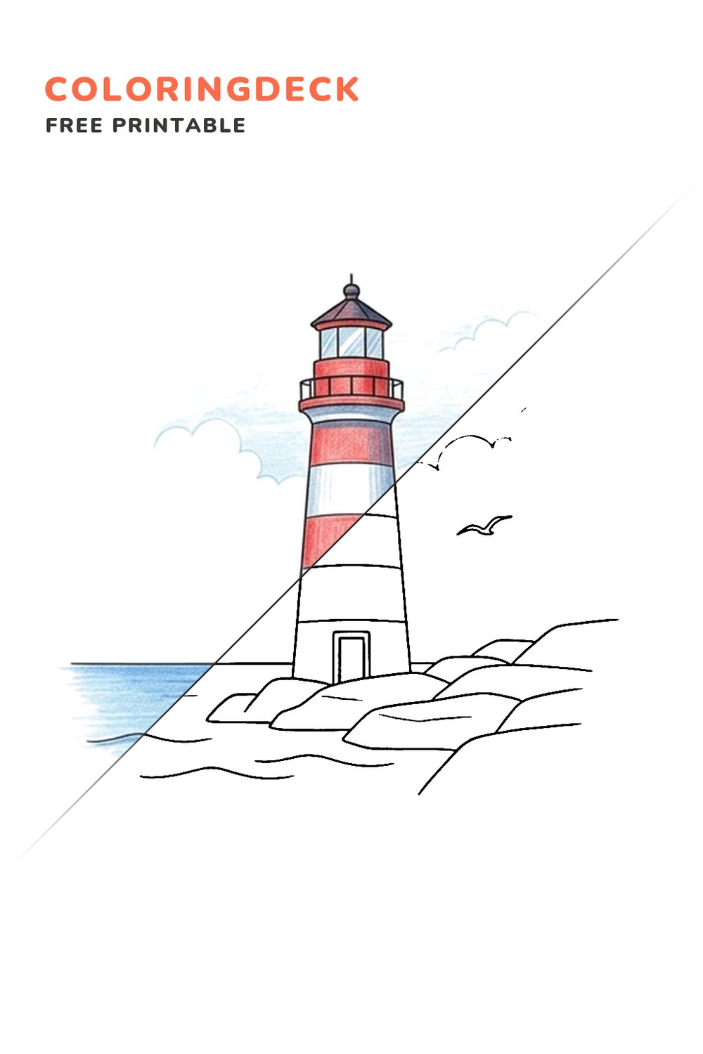 Harbor Lighthouse coloring page, free printable: half colored, half outline