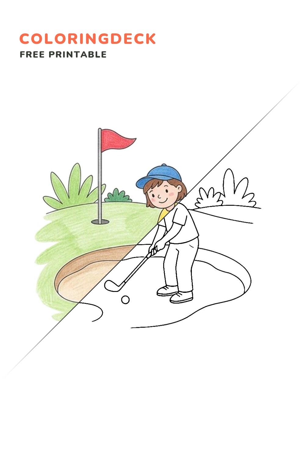 Golfer Sand Trap Swing coloring page, free printable: half colored, half outline