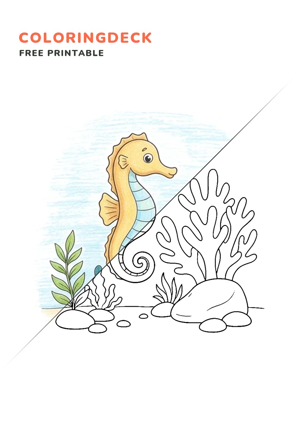 Seahorse Coral Garden coloring page, free printable: half colored, half outline