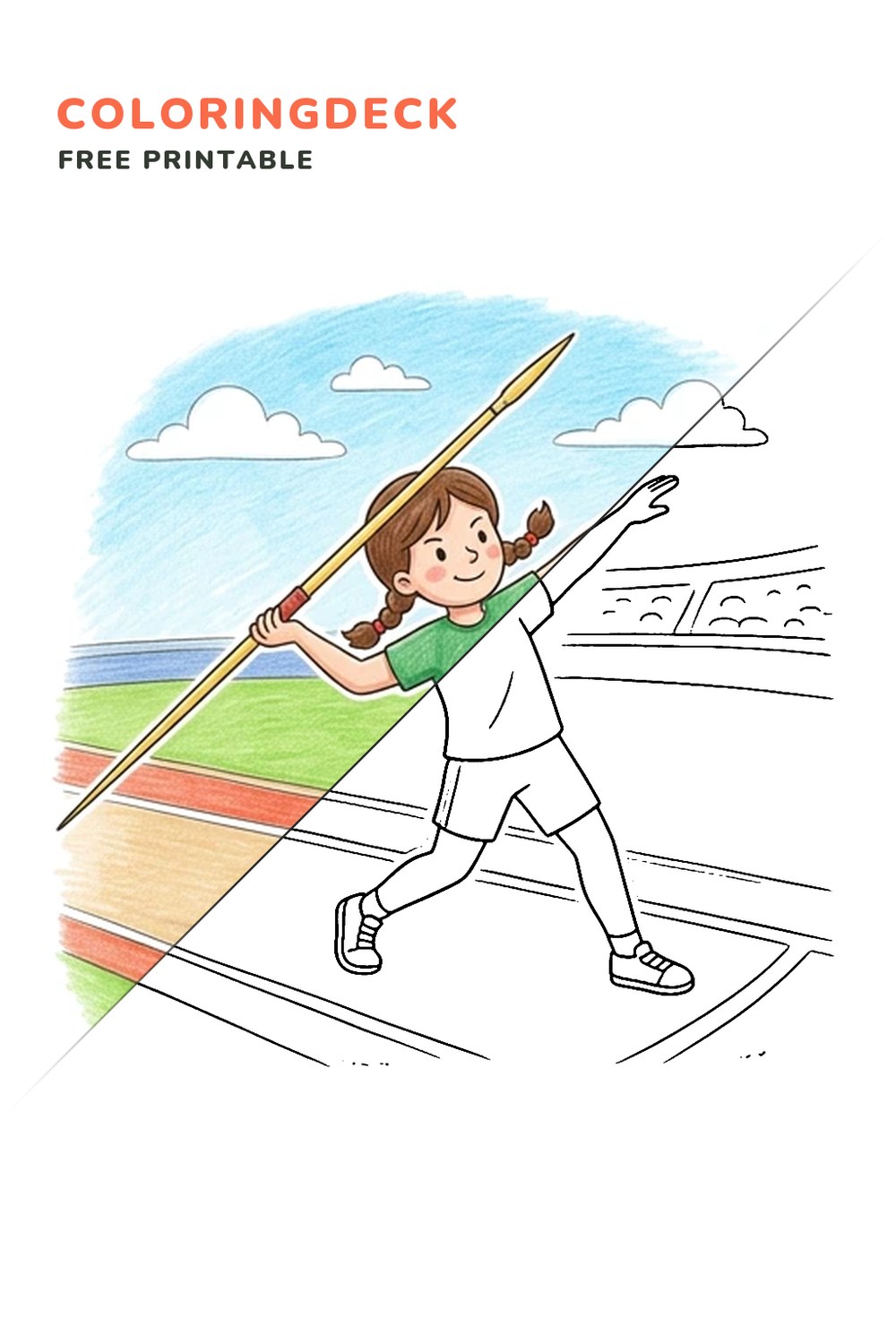 Javelin Flight coloring page, free printable: half colored, half outline