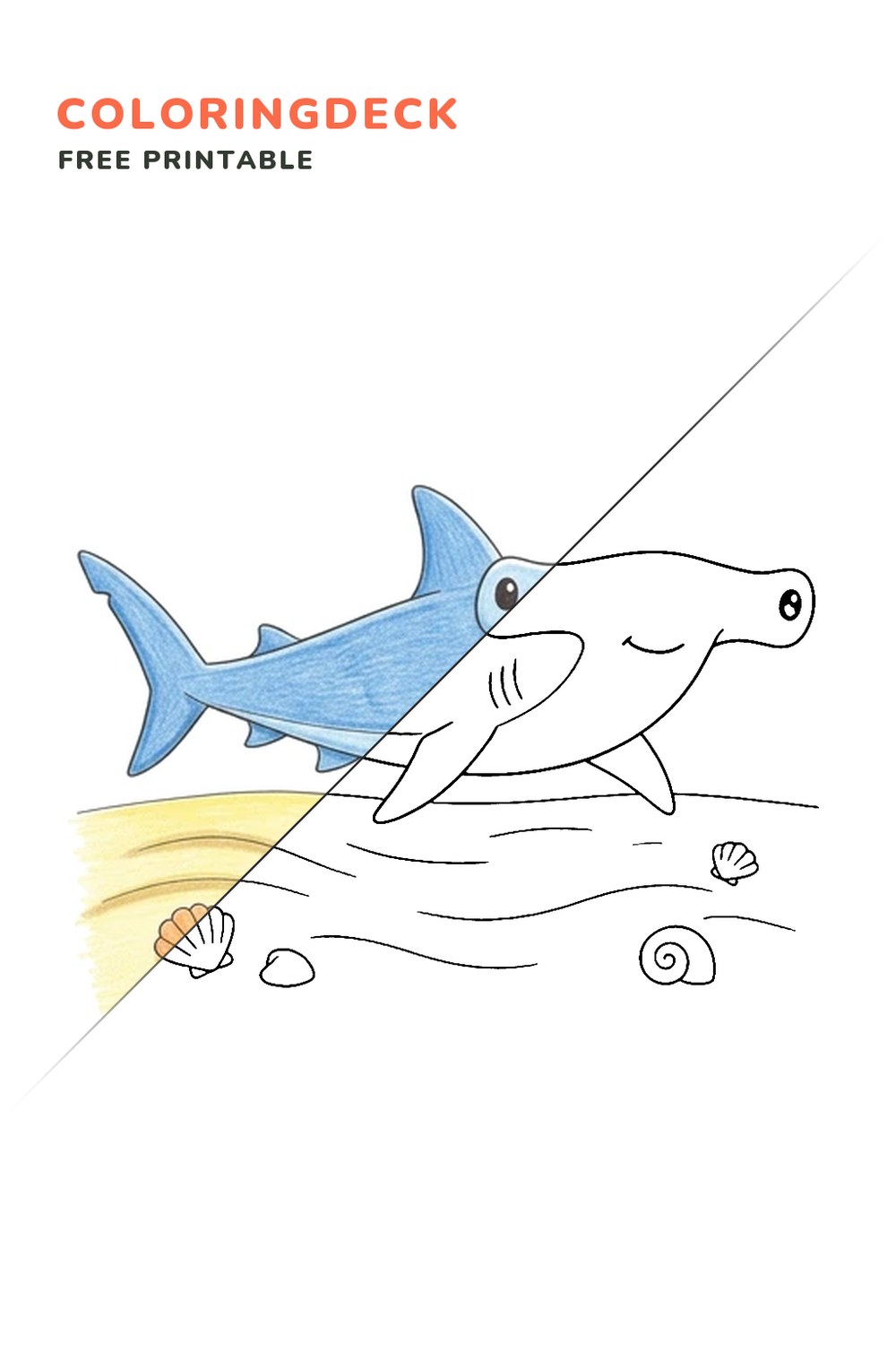 Hammerhead Seafloor coloring page, free printable: half colored, half outline