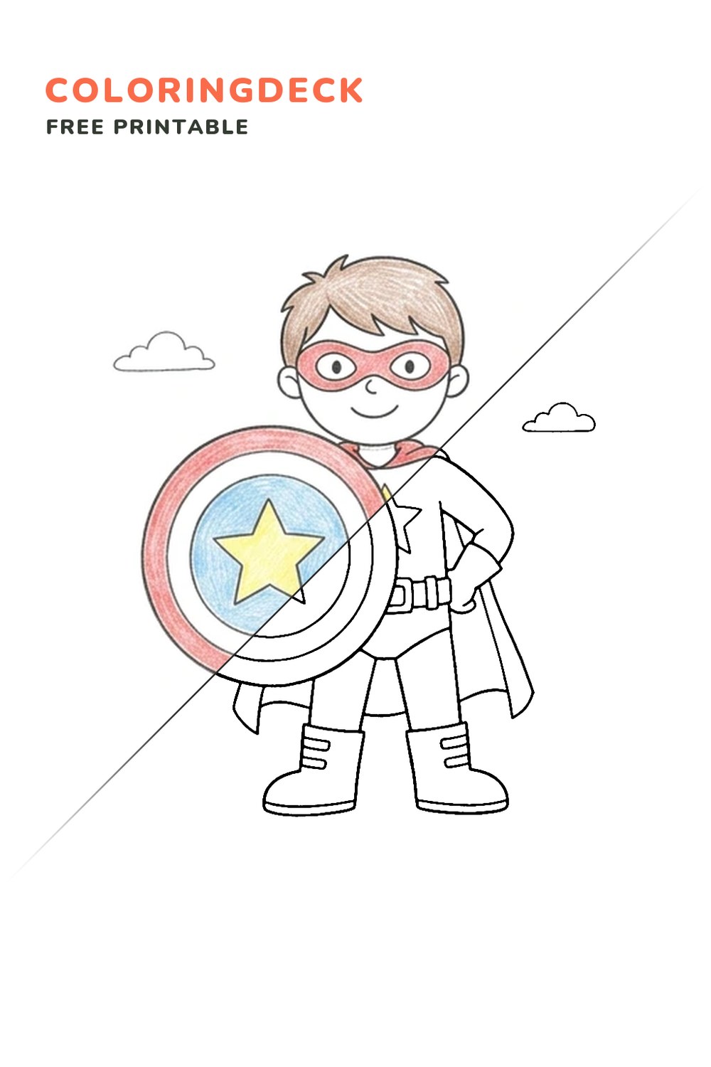 Hero Shield Stand coloring page, free printable: half colored, half outline