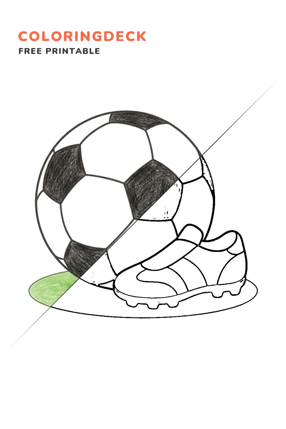 Soccer Ball Kick coloring page, free printable: half colored, half outline