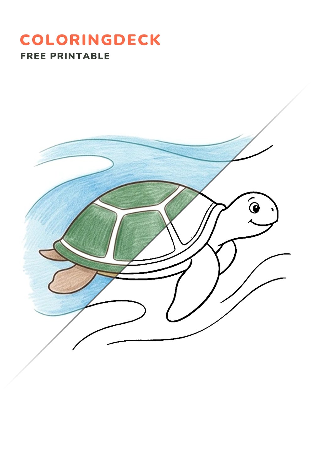 Turtle Swimming coloring page, free printable: half colored, half outline