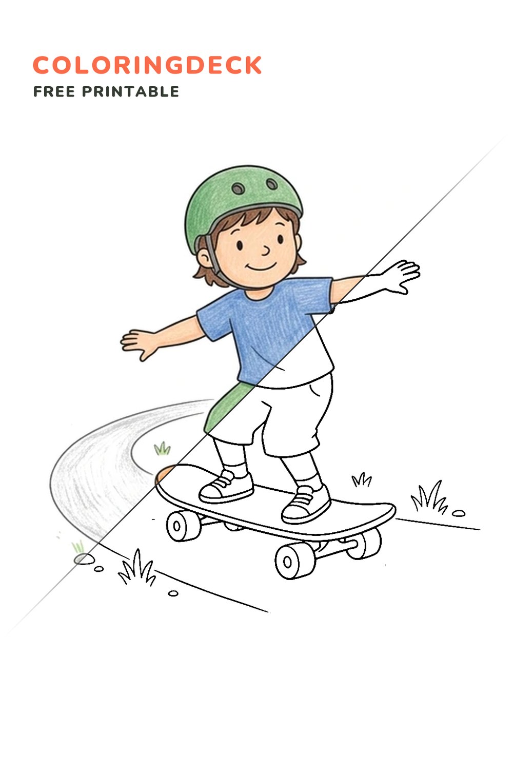 Skateboarder Gentle Turn coloring page, free printable: half colored, half outline