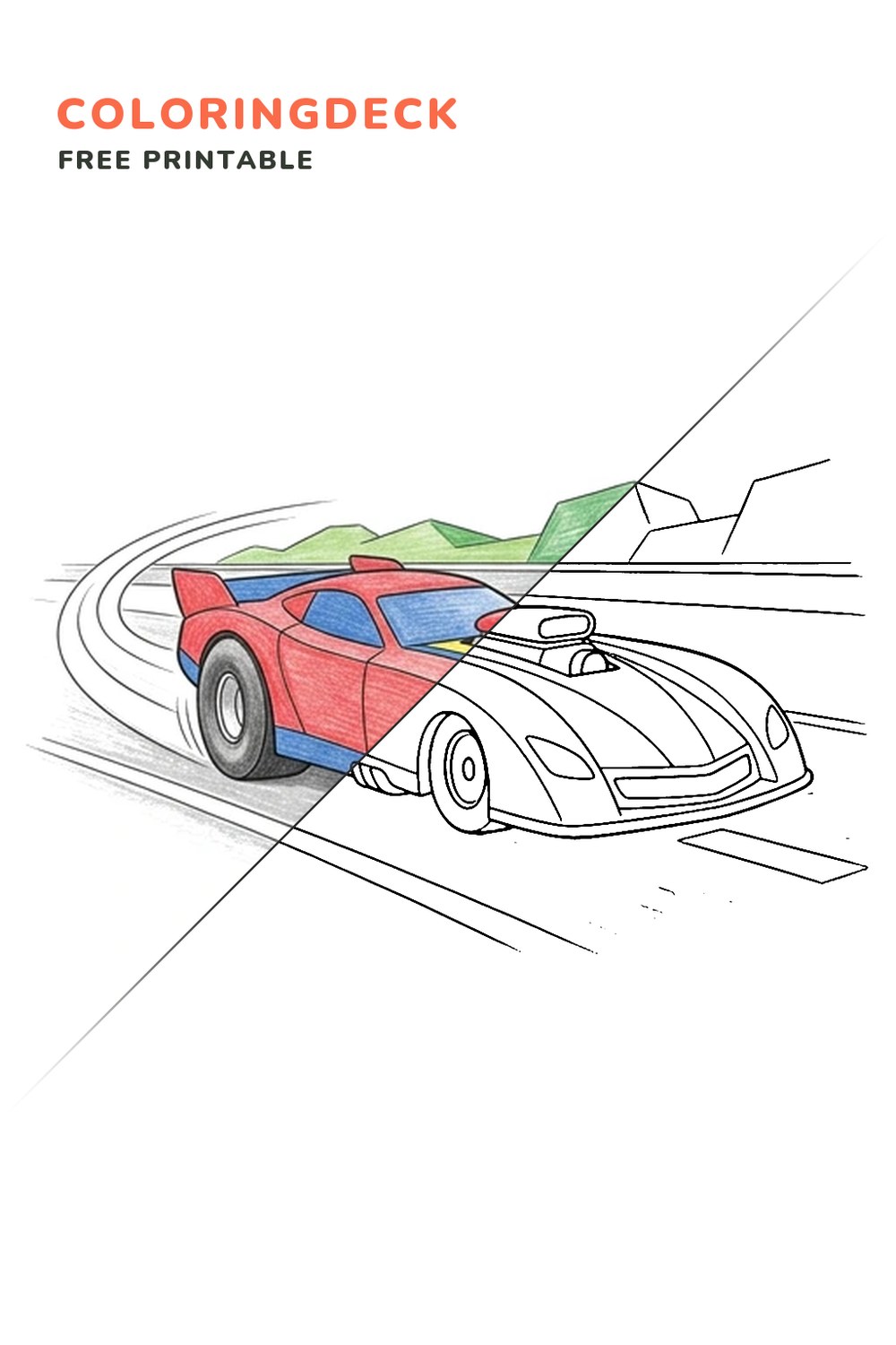 Drag Strip Launch coloring page, free printable: half colored, half outline