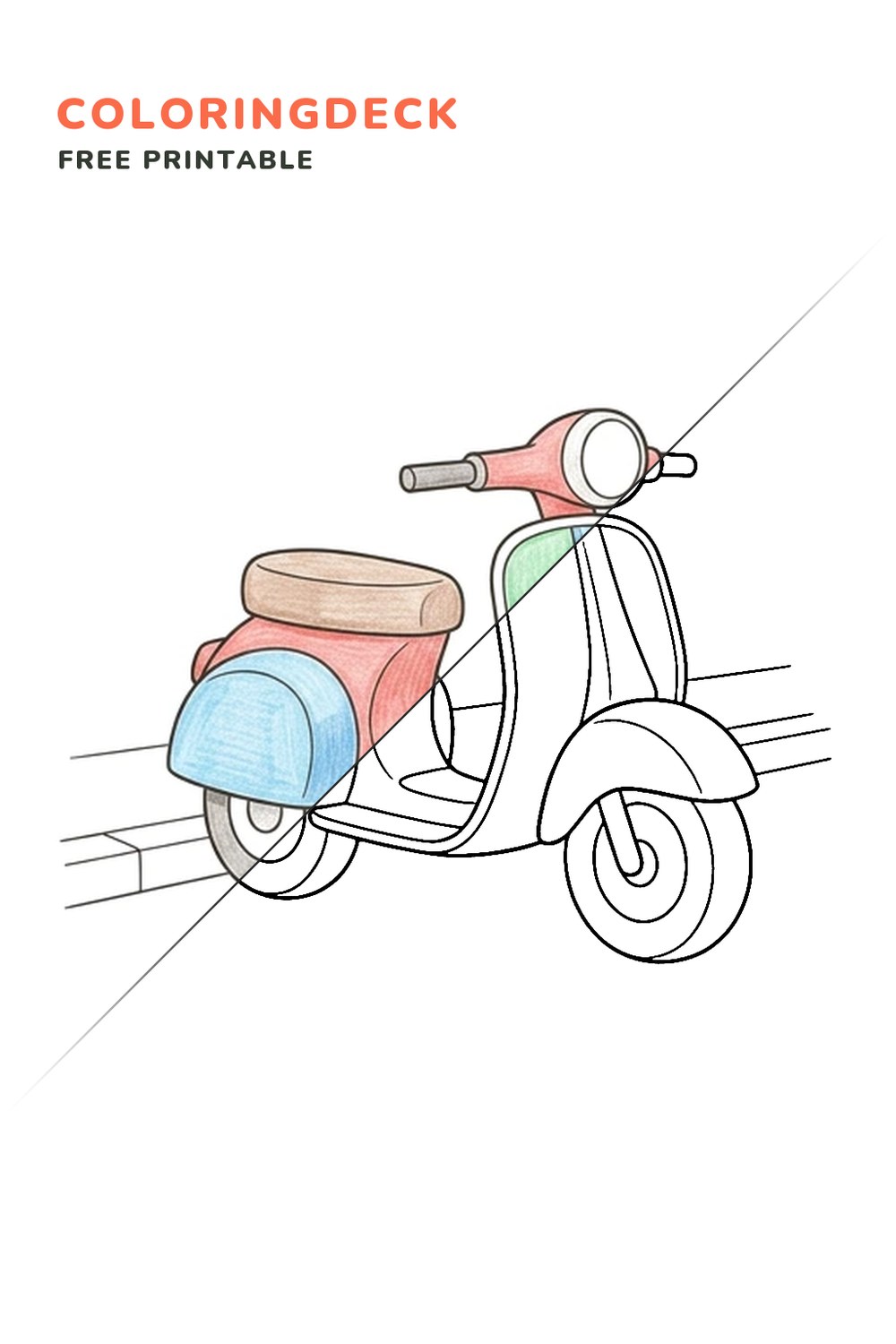 Scooter At Curb coloring page, free printable: half colored, half outline