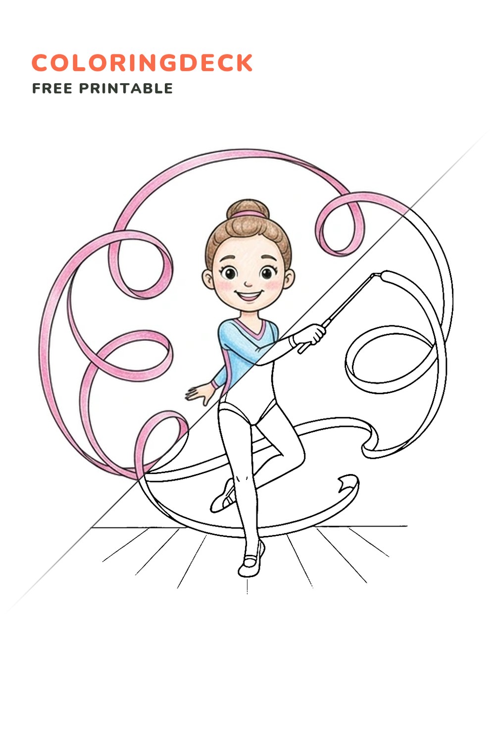 Ribbon Gymnast Pose coloring page, free printable: half colored, half outline