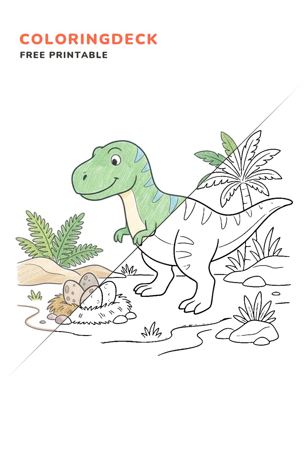 T-Rex Egg Watch coloring page, free printable: half colored, half outline