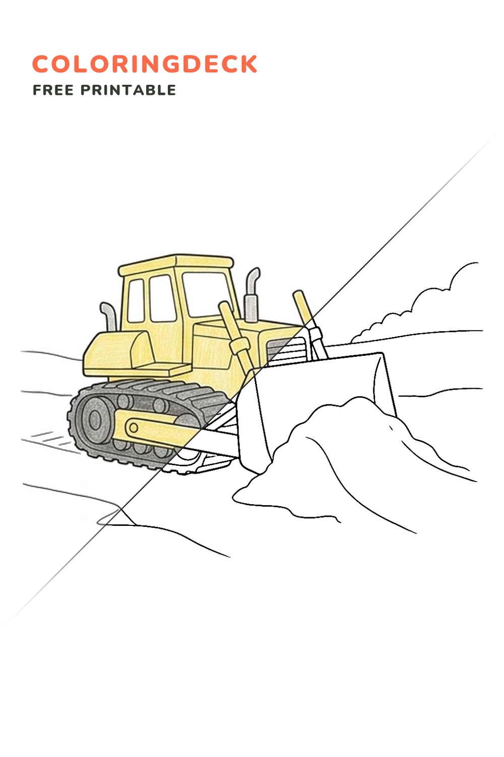 Bulldozer Dirt Ramp coloring page, free printable: half colored, half outline