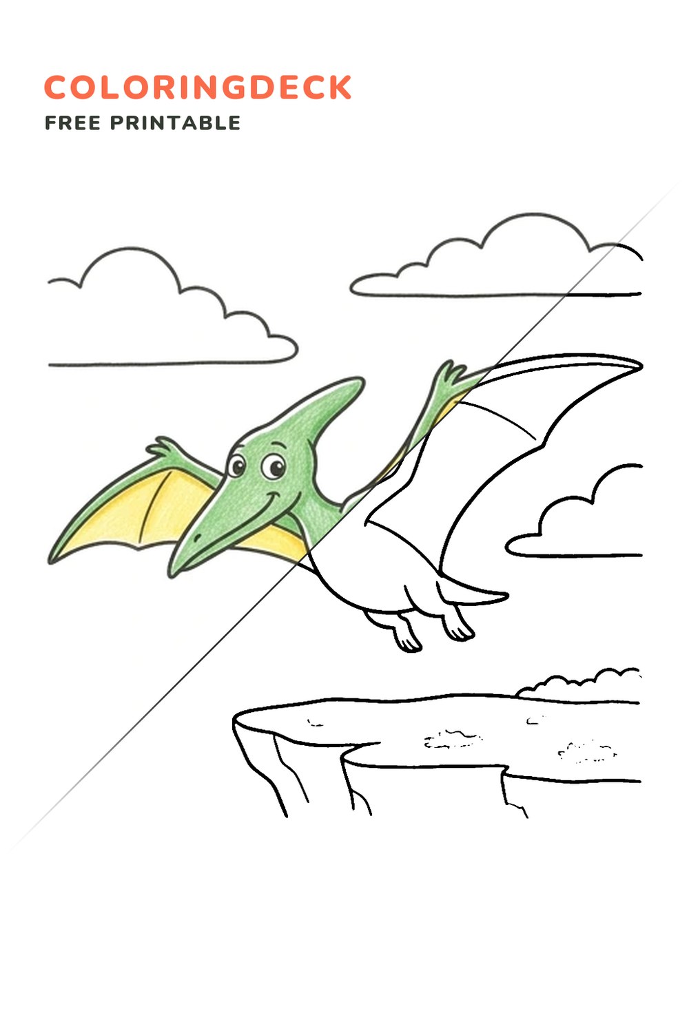 Pterodactyl Cliff Glide coloring page, free printable: half colored, half outline