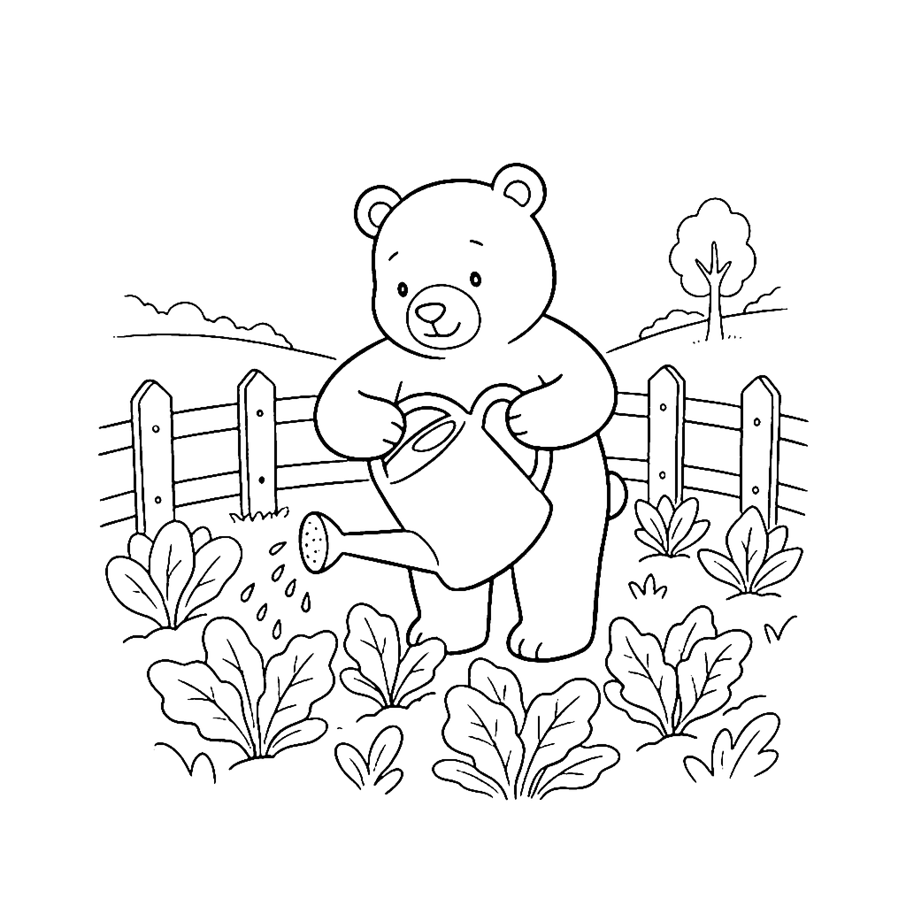 Bear Garden Watering coloring page outline