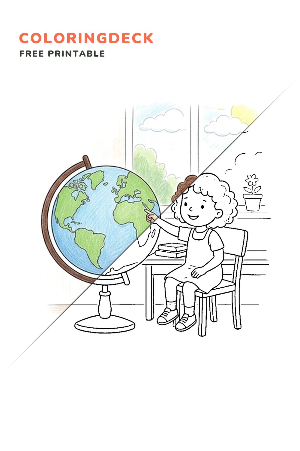 Classroom Globe Lesson coloring page, free printable: half colored, half outline
