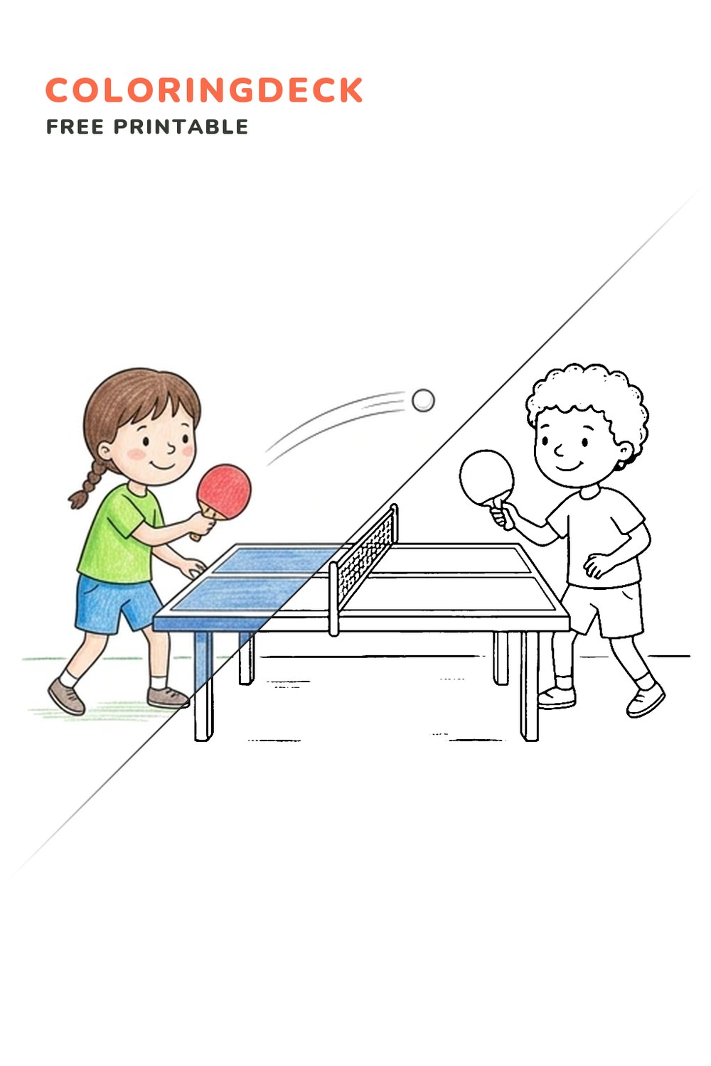Table Tennis Rally coloring page, free printable: half colored, half outline