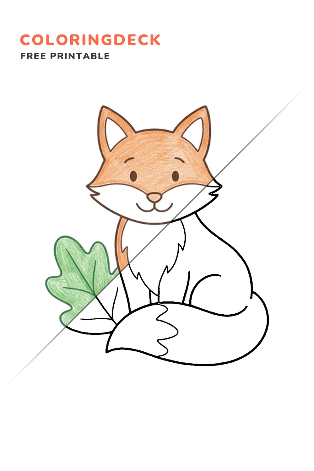 Fox With Leaf coloring page, free printable: half colored, half outline