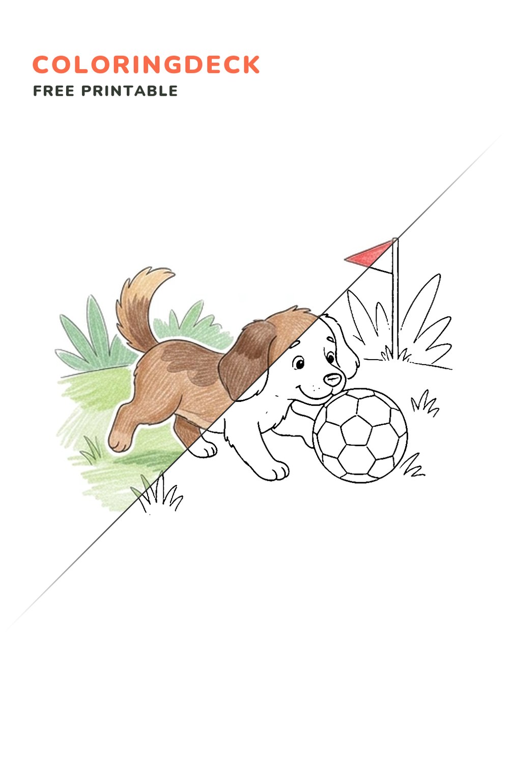 Puppy Soccer Play coloring page, free printable: half colored, half outline