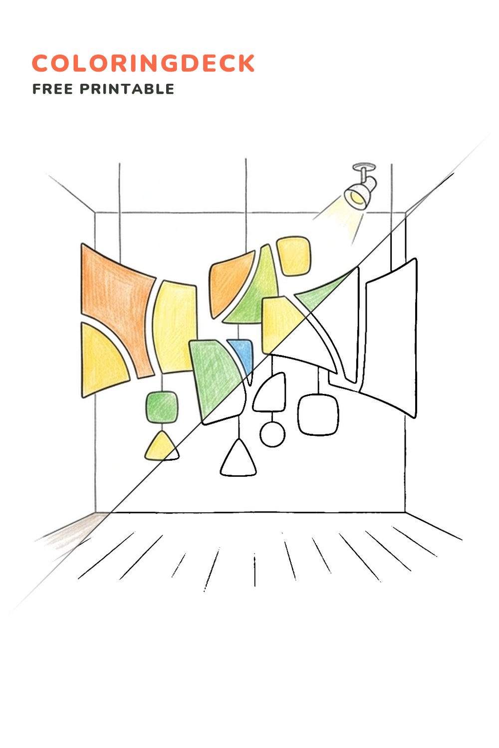 Hanging Art Mobile coloring page, free printable: half colored, half outline