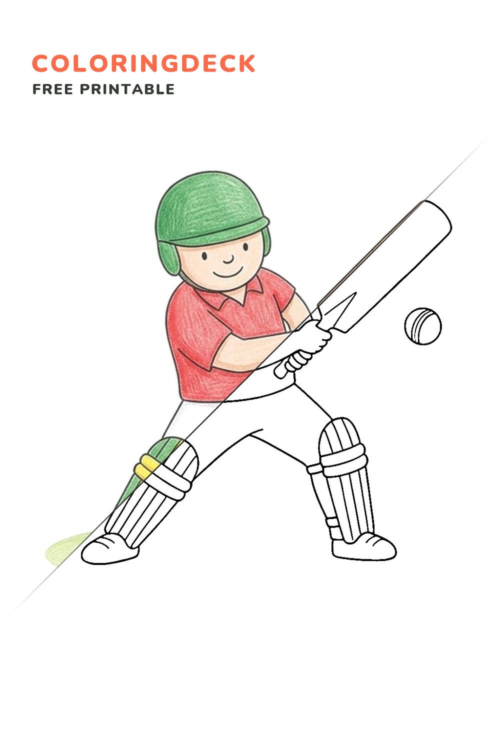 Cricket Bat Swing coloring page, free printable: half colored, half outline