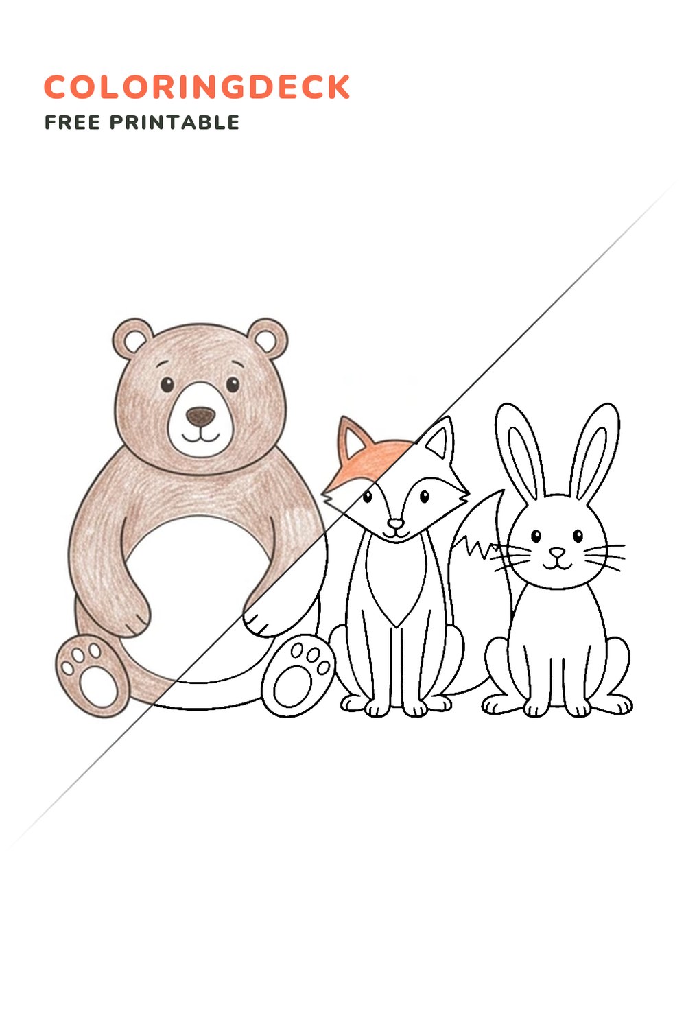 Forest Friends Together coloring page, free printable: half colored, half outline