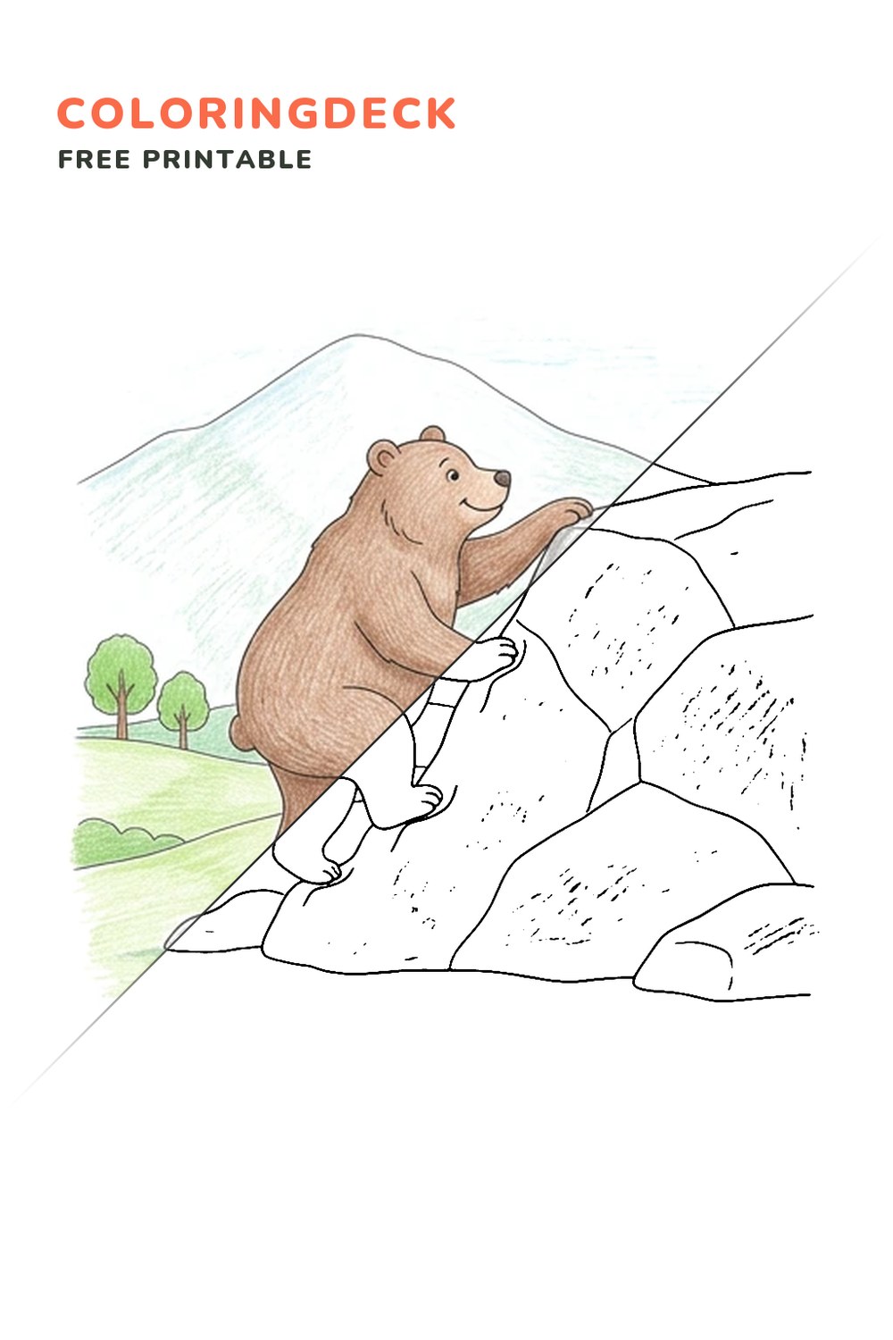 Bear Boulder Climb coloring page, free printable: half colored, half outline