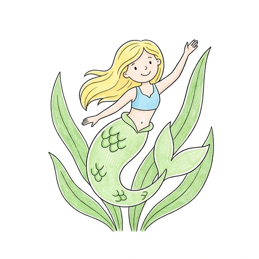 Mermaid coloring page: Mermaid Seagrass Swim, colored example
