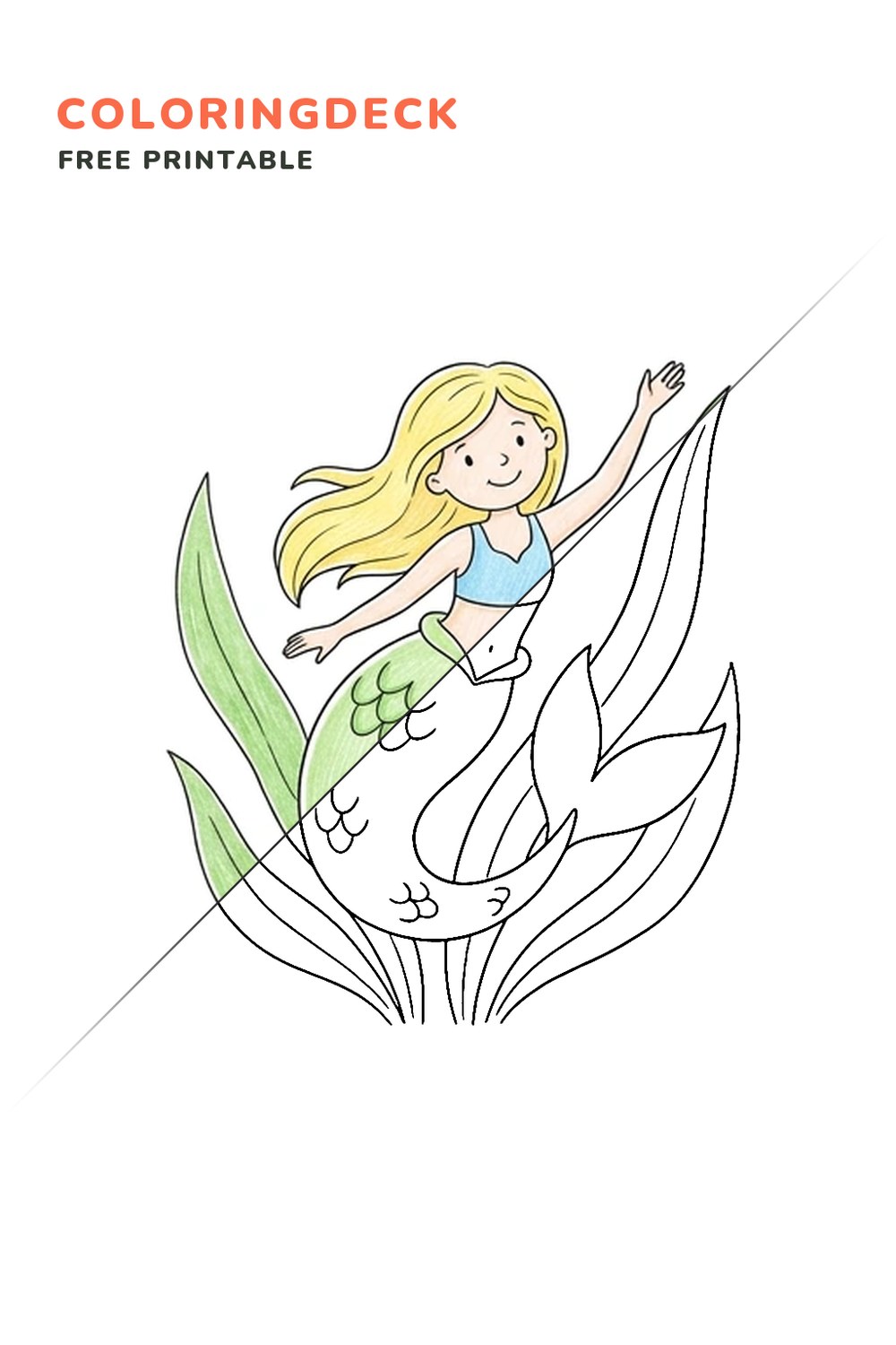 Mermaid Seagrass Swim coloring page, free printable: half colored, half outline