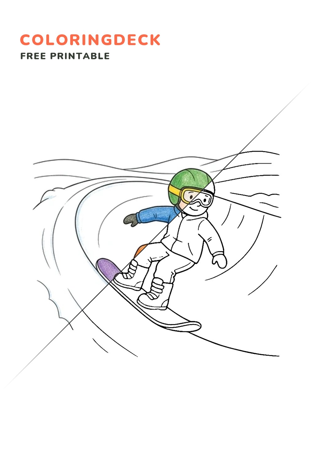 Snowboard Halfpipe coloring page, free printable: half colored, half outline