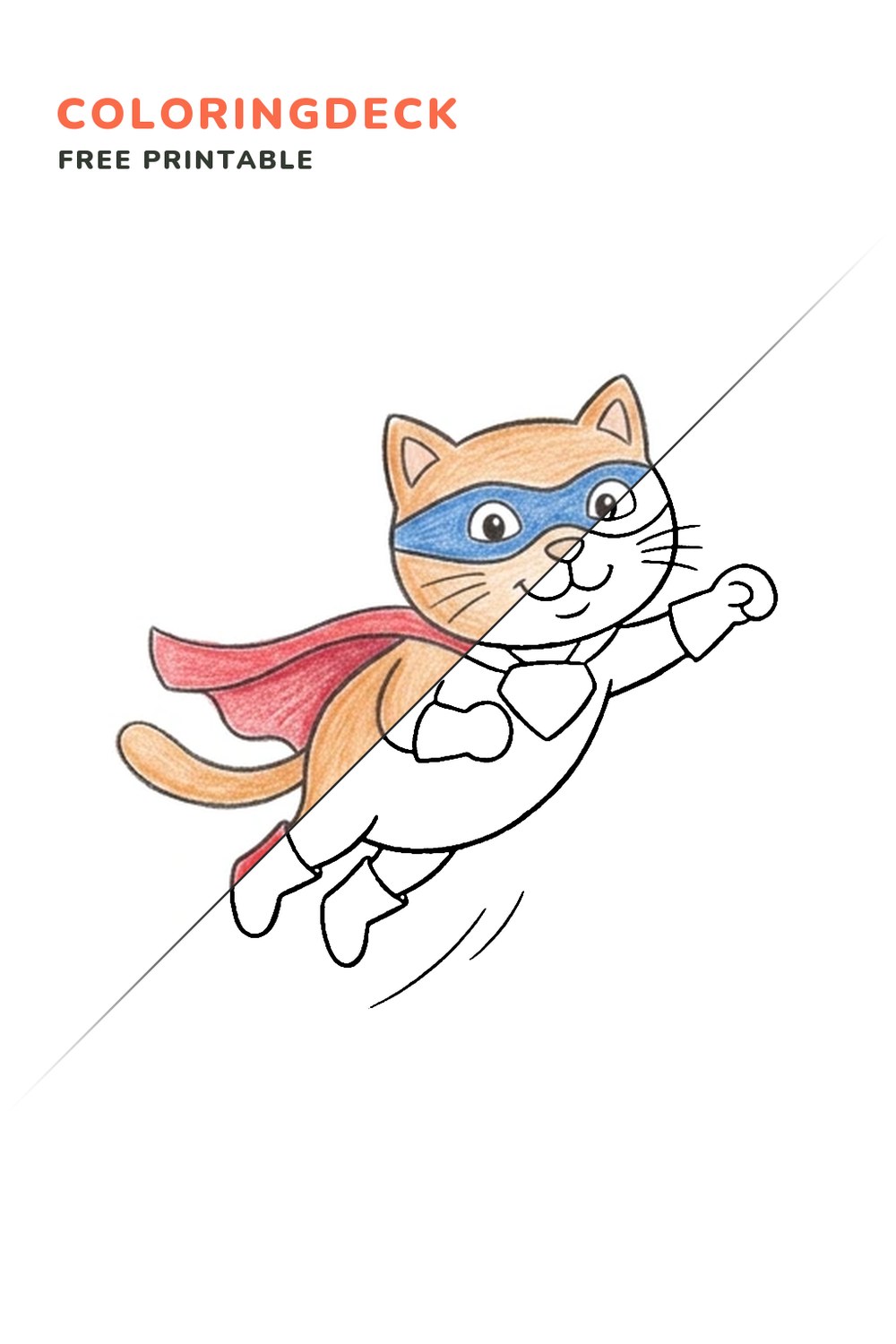 Superhero Cat Leap coloring page, free printable: half colored, half outline