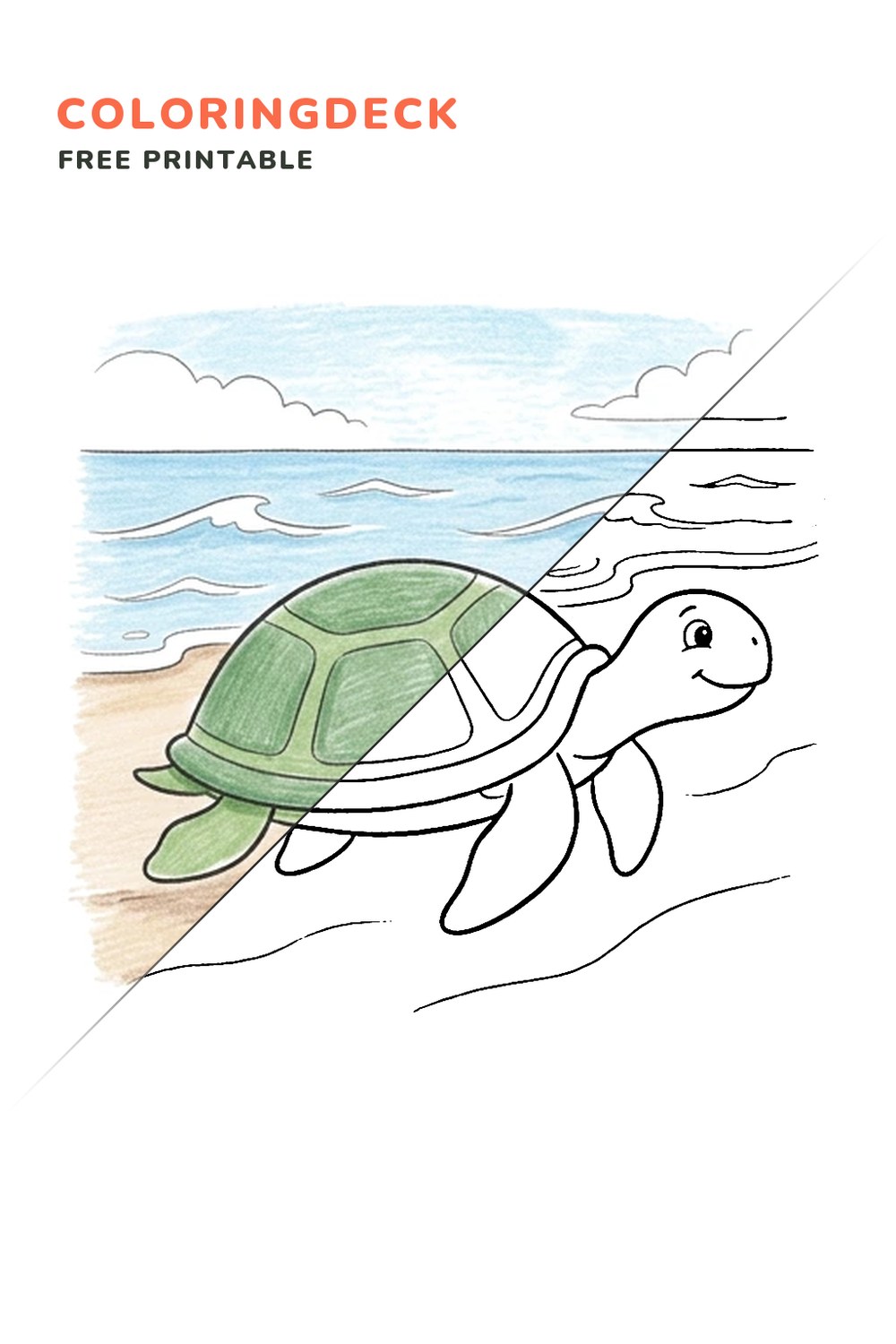 Turtle Beach Walk coloring page, free printable: half colored, half outline