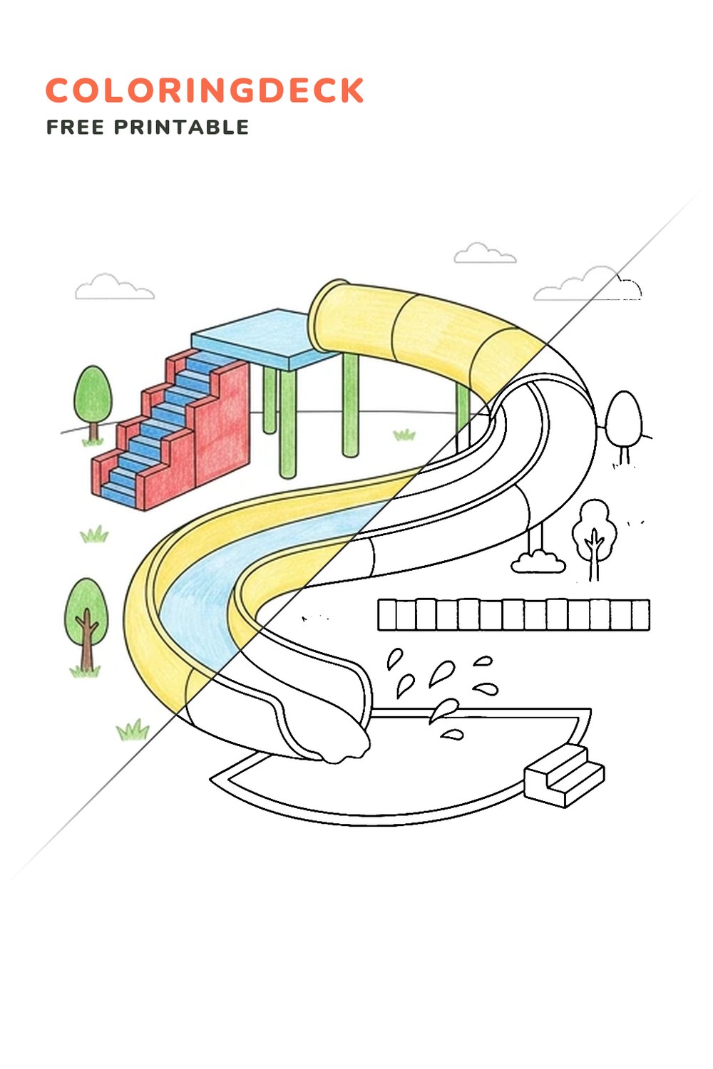 Tall Water Slide coloring page, free printable: half colored, half outline