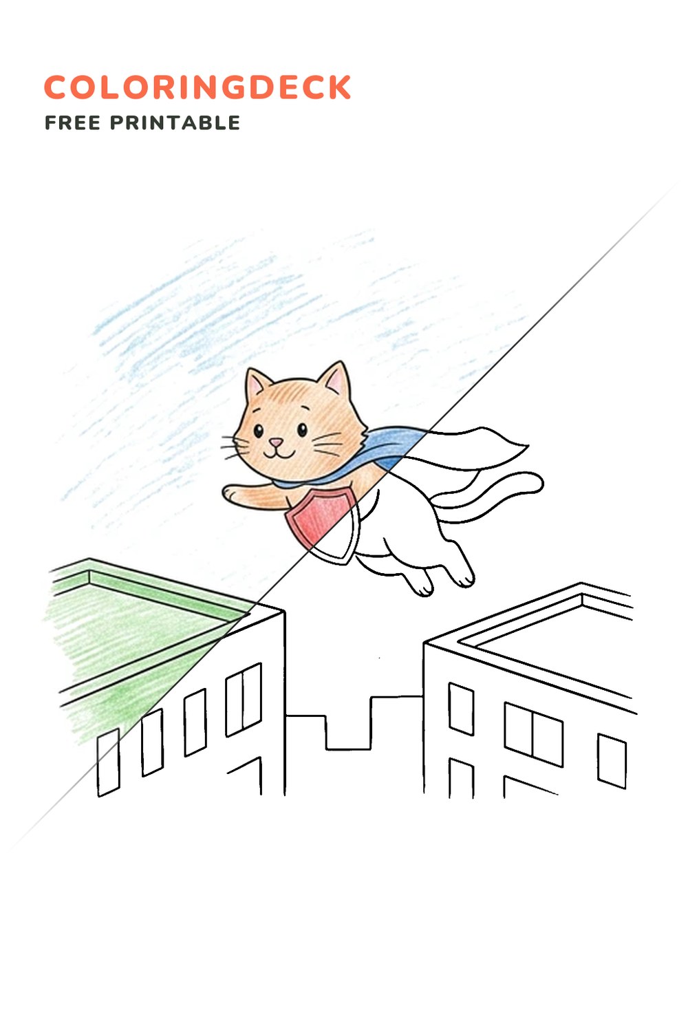 Caped Cat Leap coloring page, free printable: half colored, half outline