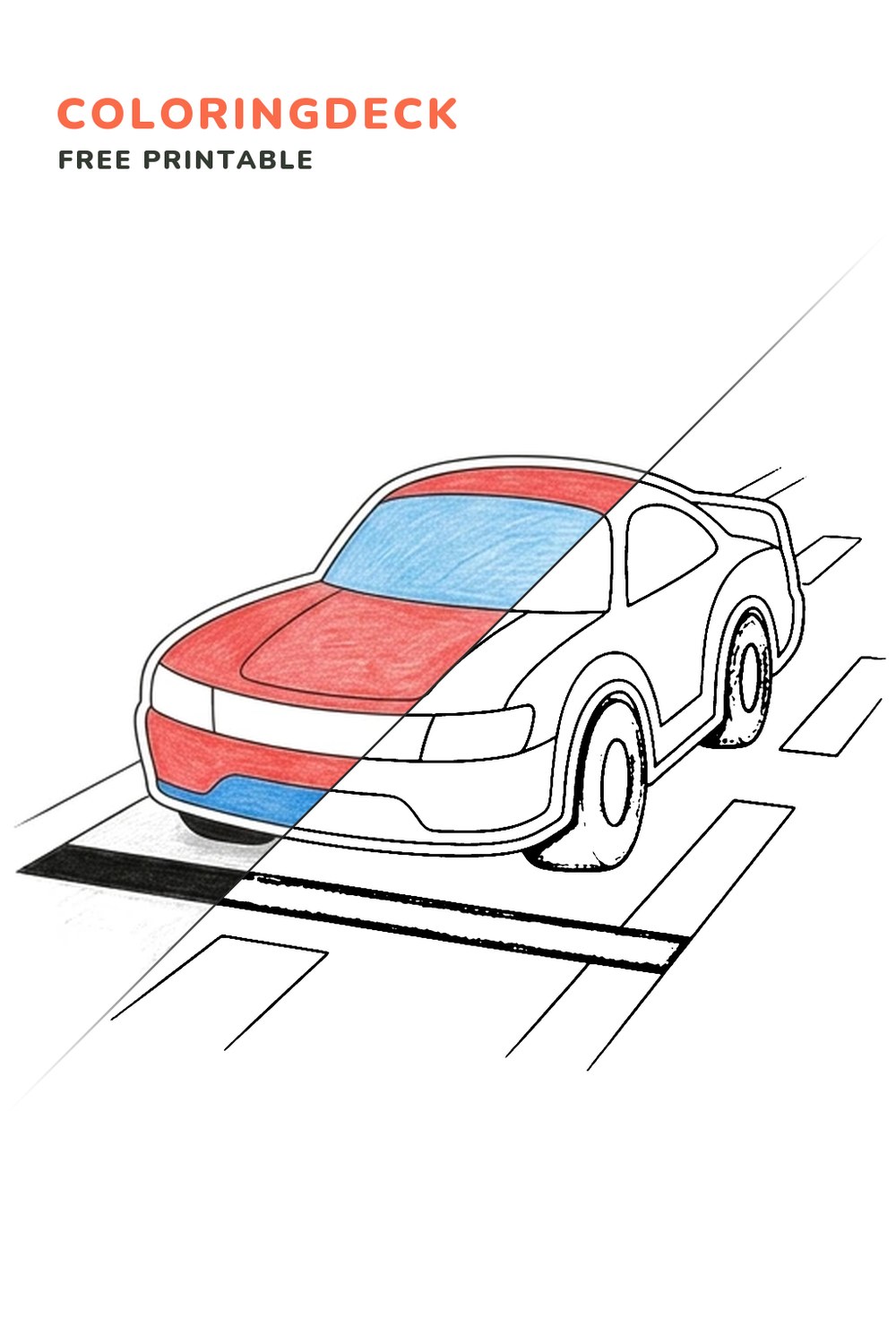 Racing Car Starting Line coloring page, free printable: half colored, half outline