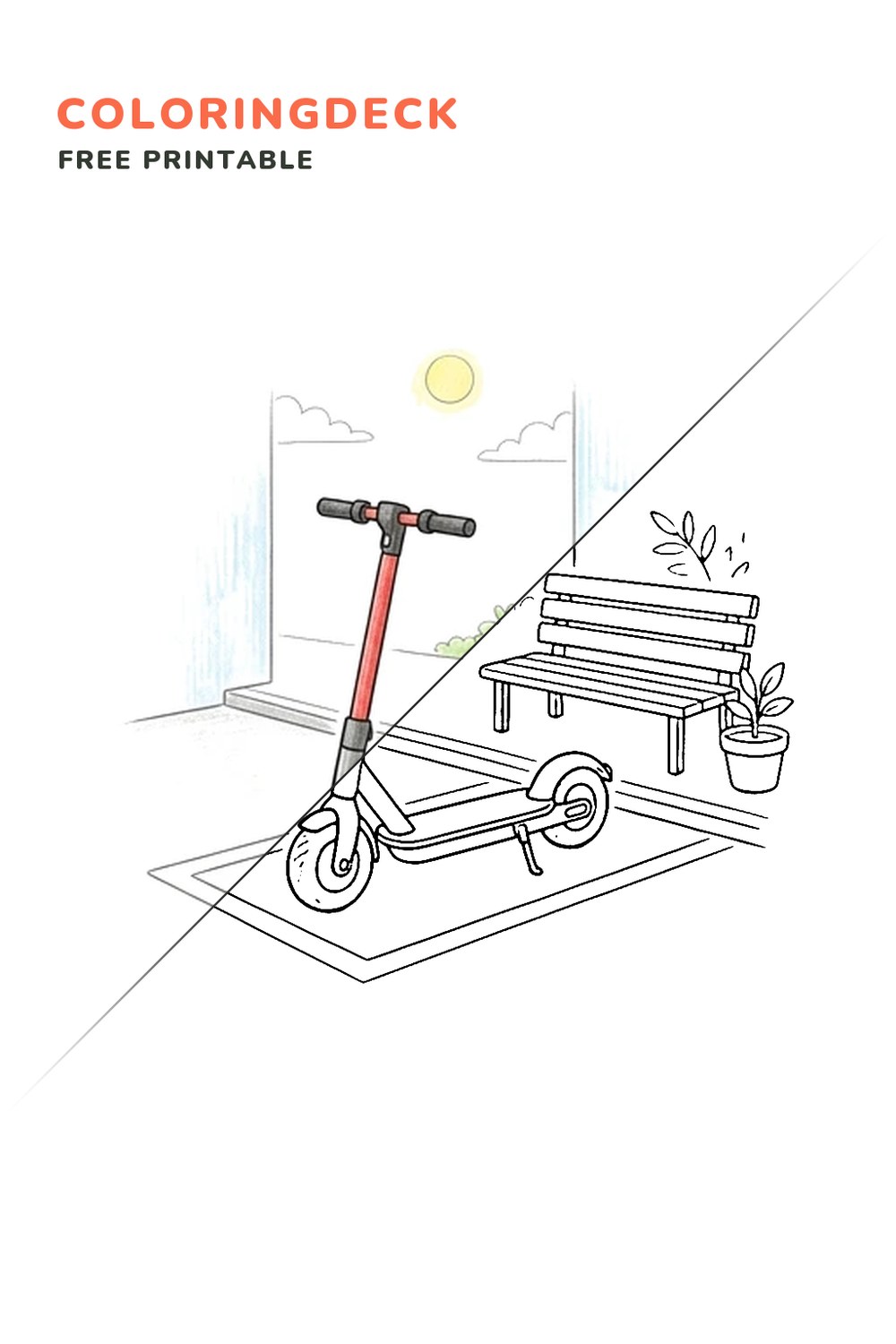 Scooter Parking Spot coloring page, free printable: half colored, half outline