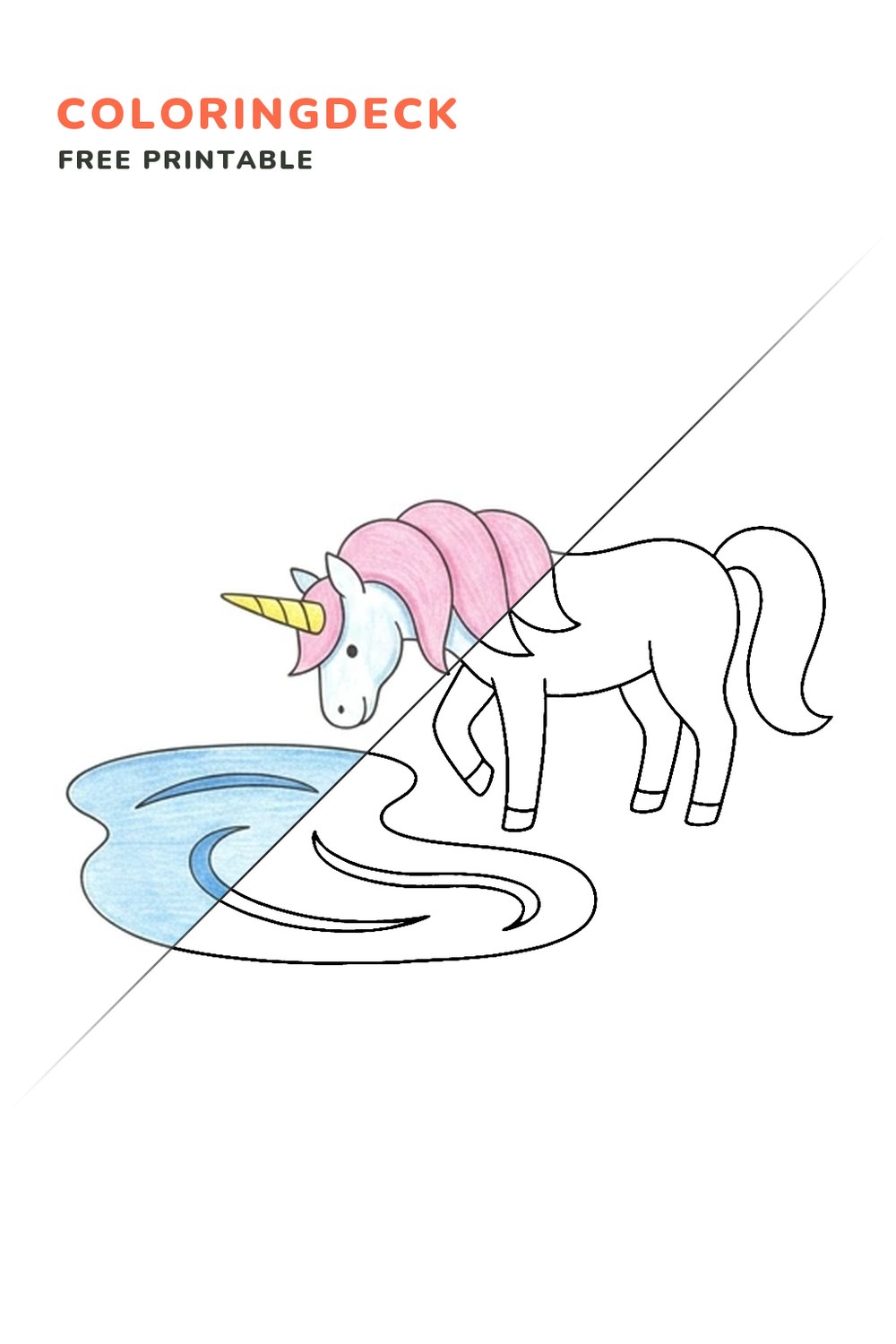 Unicorn Pond Reflection coloring page, free printable: half colored, half outline