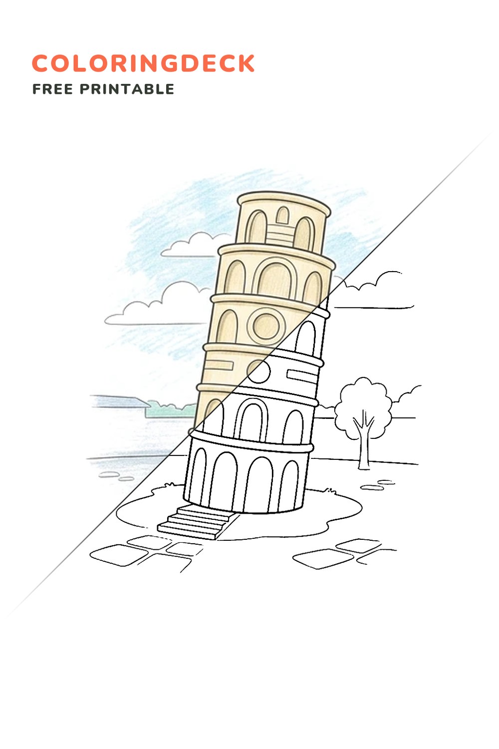 Leaning Tower Piazza coloring page, free printable: half colored, half outline