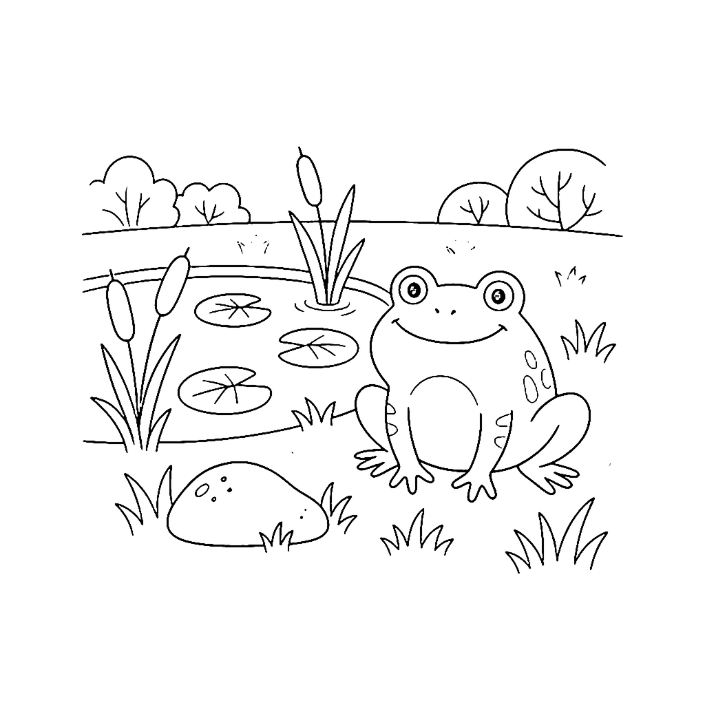 Frog coloring page: Garden Frog Pond, outline to print