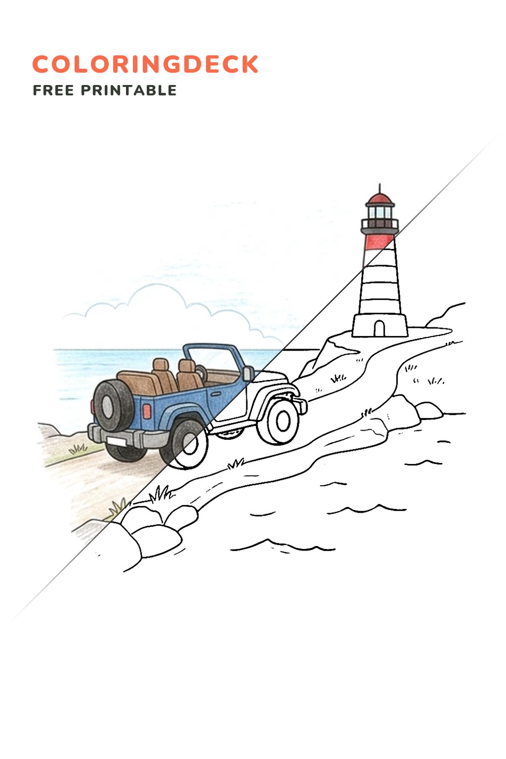 Jeep Lighthouse Road coloring page, free printable: half colored, half outline