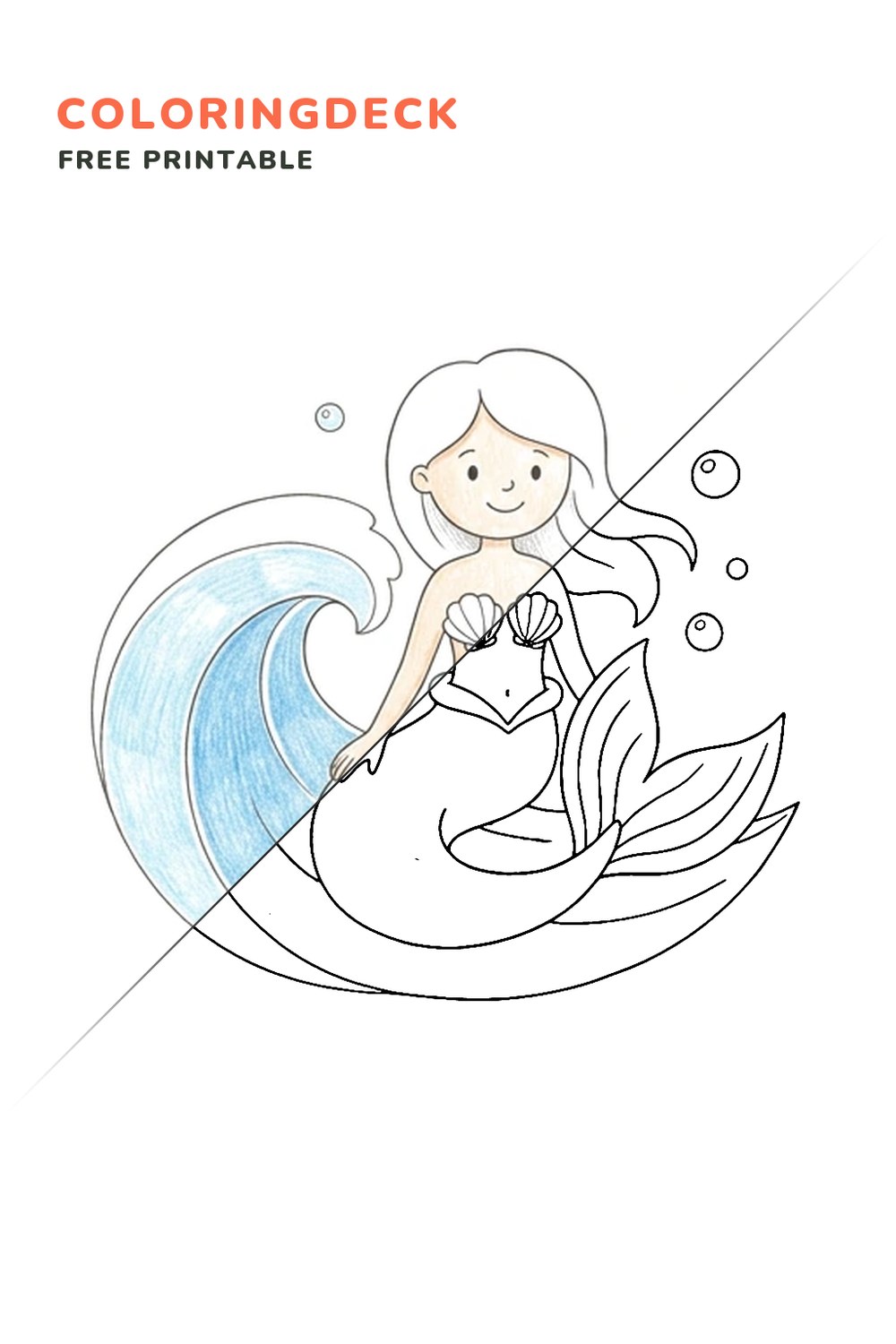 Mermaid Wave Greeting coloring page, free printable: half colored, half outline