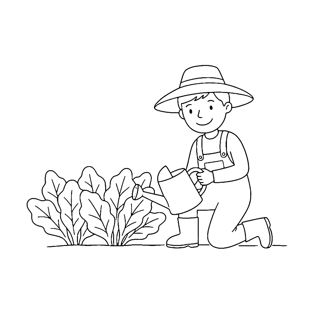 Farmer coloring page: Farmer Watering Crops, outline to print