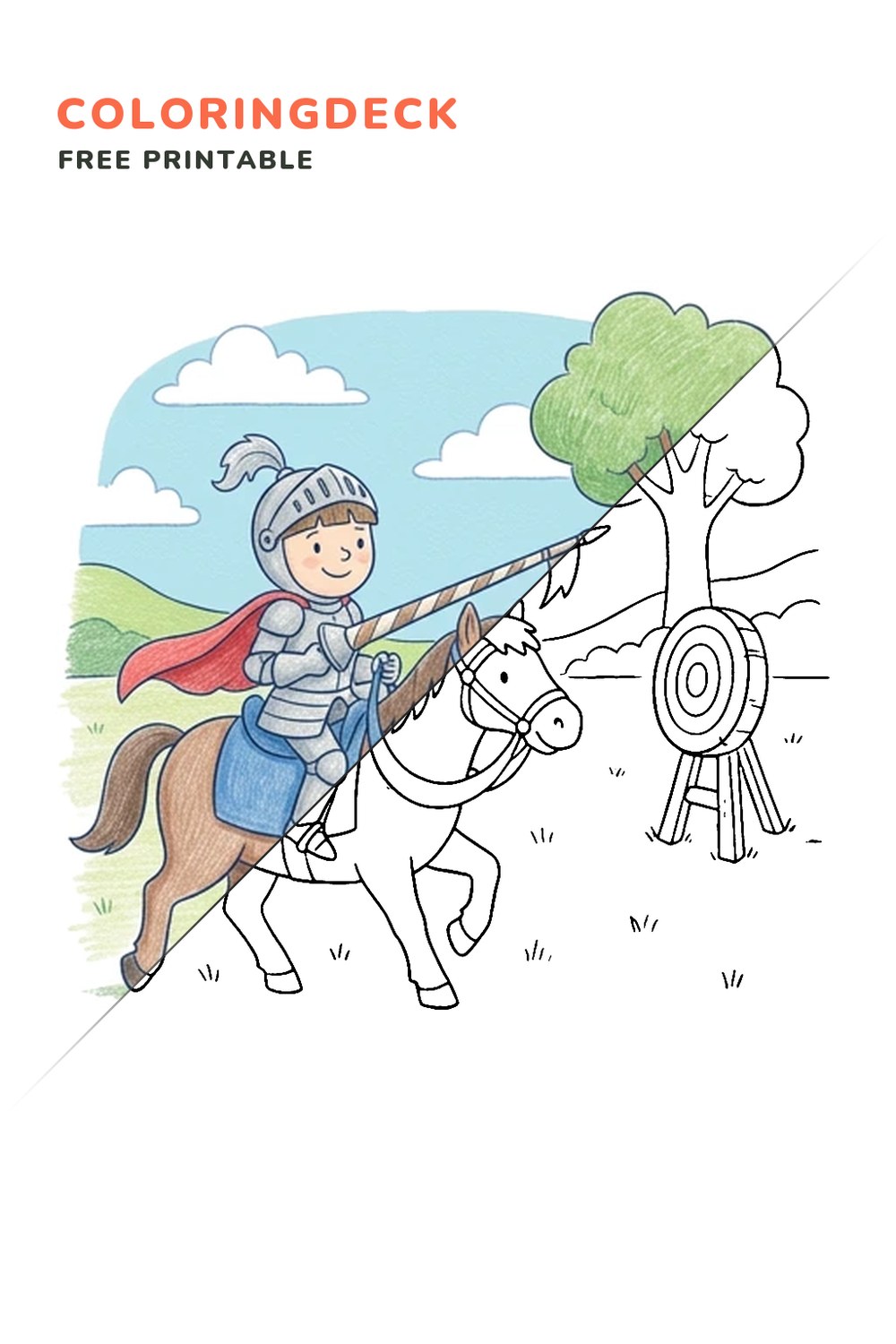 Knight Joust Practice coloring page, free printable: half colored, half outline